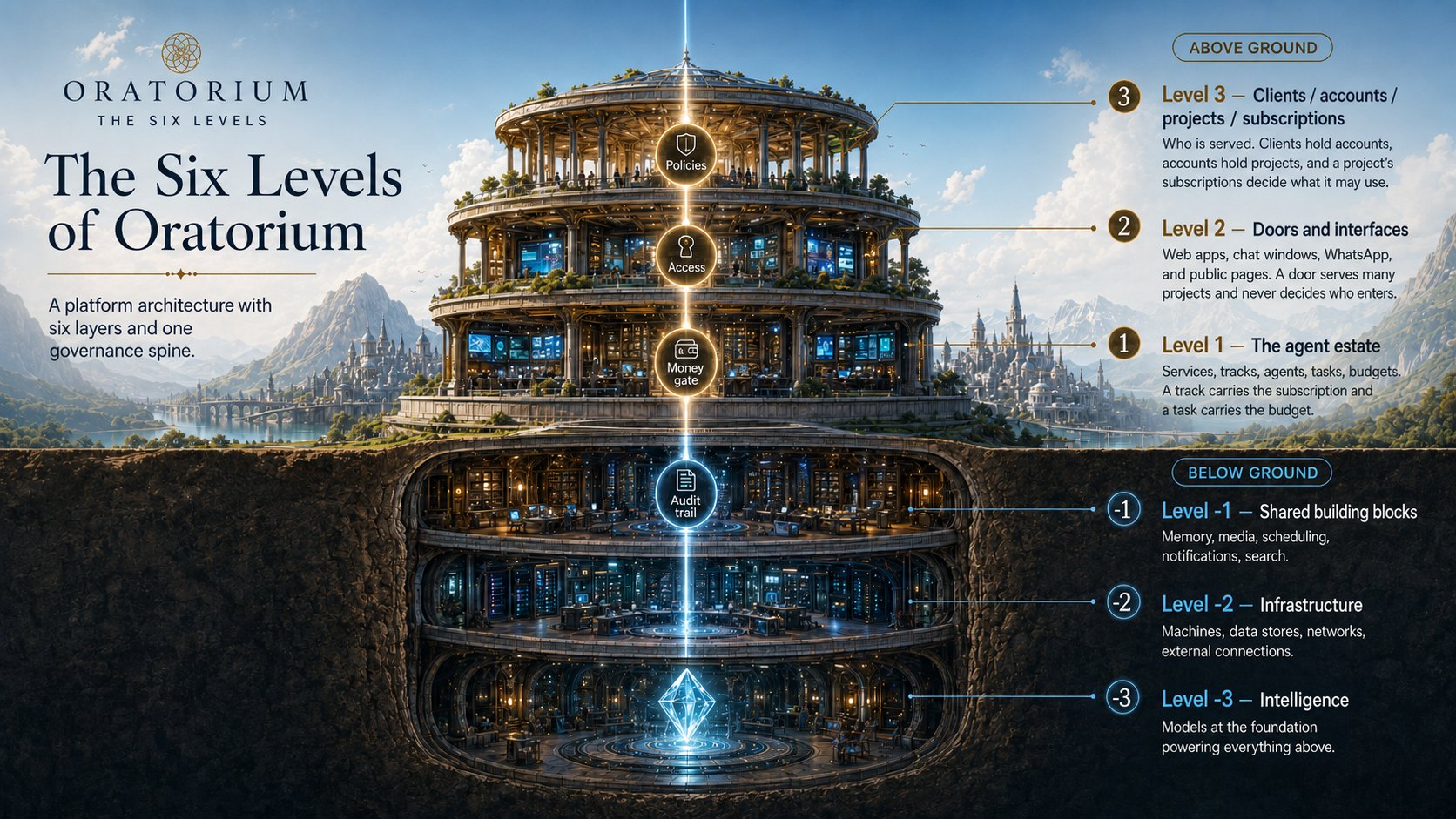 Cutaway of Oratorium: three levels above ground and three below, with a single golden governance spine running through all six.