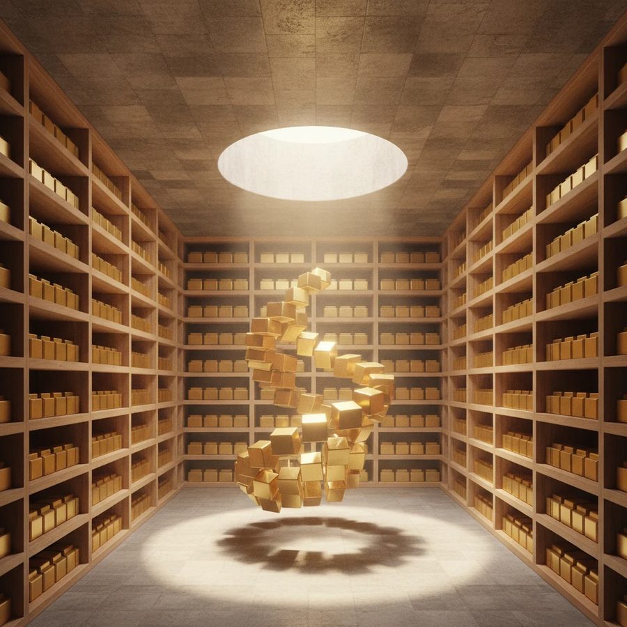 Warm underground vault lined with shelves of identical golden building blocks, daylight falling from a shaft above.